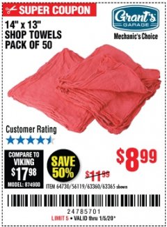 Harbor Freight Coupon MECHANICS CHOICE SHOP TOWELS PACK OF 50 Lot No. 63365/63360 Expired: 1/5/20 - $8.99