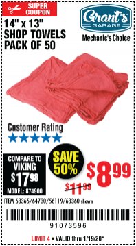 Harbor Freight Coupon MECHANICS CHOICE SHOP TOWELS PACK OF 50 Lot No. 63365/63360 Expired: 1/19/20 - $8.99