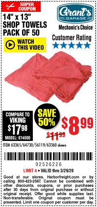 Harbor Freight Coupon MECHANICS CHOICE SHOP TOWELS PACK OF 50 Lot No. 63365/63360 Expired: 3/29/20 - $8.99