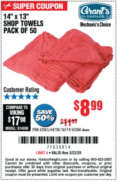 Harbor Freight Coupon MECHANICS CHOICE SHOP TOWELS PACK OF 50 Lot No. 63365/63360 Expired: 3/22/20 - $8.99