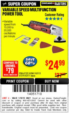 Harbor Freight ITC Coupon VARIABLE SPEED MULTIFUNCTION POWER TOOL Lot No. 63111/63113/62867/67537 Expired: 1/10/19 - $24.99