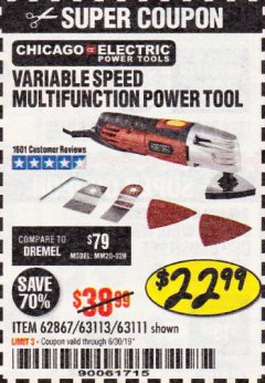 Harbor Freight Coupon VARIABLE SPEED MULTIFUNCTION POWER TOOL Lot No. 63111/63113/62867/67537 Expired: 6/30/19 - $22.99