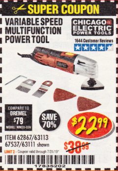 Harbor Freight Coupon VARIABLE SPEED MULTIFUNCTION POWER TOOL Lot No. 63111/63113/62867/67537 Expired: 7/31/19 - $22.99