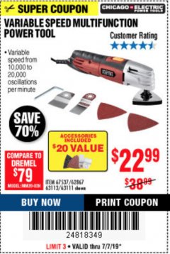 Harbor Freight Coupon VARIABLE SPEED MULTIFUNCTION POWER TOOL Lot No. 63111/63113/62867/67537 Expired: 7/7/19 - $22.99