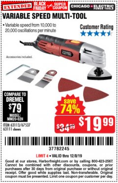 Harbor Freight Coupon VARIABLE SPEED MULTIFUNCTION POWER TOOL Lot No. 63111/63113/62867/67537 Expired: 12/8/19 - $19.99