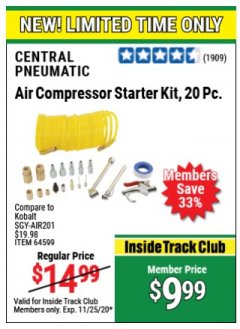 Harbor Freight ITC Coupon 20 PIECE AIR COMPRESSOR STARTER KIT Lot No. 62688/57051/64599 Expired: 11/25/20 - $9.99