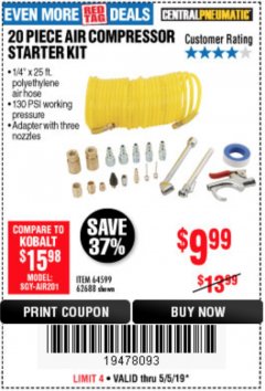 Harbor Freight Coupon 20 PIECE AIR COMPRESSOR STARTER KIT Lot No. 62688/57051/64599 Expired: 5/5/19 - $9.99