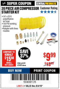 Harbor Freight Coupon 20 PIECE AIR COMPRESSOR STARTER KIT Lot No. 62688/57051/64599 Expired: 8/4/19 - $9.99