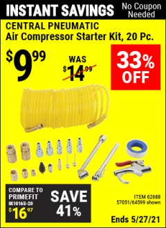 Harbor Freight Coupon 20 PIECE AIR COMPRESSOR STARTER KIT Lot No. 62688/57051/64599 Expired: 4/29/21 - $9.99