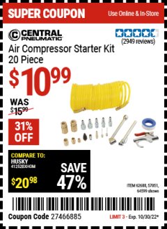 Harbor Freight Coupon 20 PIECE AIR COMPRESSOR STARTER KIT Lot No. 62688/57051/64599 Expired: 10/30/22 - $10.99