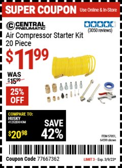 Harbor Freight Coupon 20 PIECE AIR COMPRESSOR STARTER KIT Lot No. 62688/57051/64599 Expired: 3/9/23 - $11.99