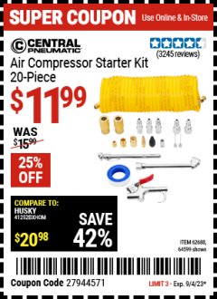 Harbor Freight Coupon 20 PIECE AIR COMPRESSOR STARTER KIT Lot No. 62688/57051/64599 Expired: 9/4/23 - $11.99