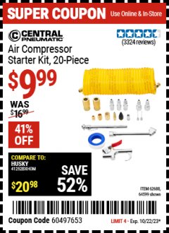 Harbor Freight Coupon 20 PIECE AIR COMPRESSOR STARTER KIT Lot No. 62688/57051/64599 Expired: 10/22/23 - $9.99