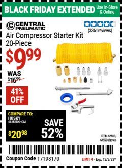 Harbor Freight Coupon 20 PIECE AIR COMPRESSOR STARTER KIT Lot No. 62688/57051/64599 Expired: 12/3/23 - $9.99