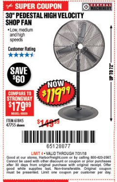 Harbor Freight Coupon 30" HIGH VELOCITY PEDESTAL SHOP FAN Lot No. 61845/47755 Expired: 7/31/18 - $119.99