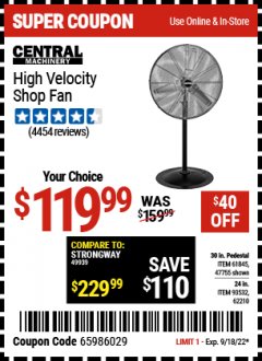 Harbor Freight Coupon 30" HIGH VELOCITY PEDESTAL SHOP FAN Lot No. 61845/47755 Expired: 9/18/22 - $119.99