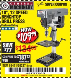 Harbor Freight Coupon 10", 12 SPEED BENCHTOP DRILL PRESS Lot No. 63471/62408/60237 Expired: 11/10/18 - $109.99