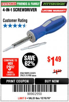 Harbor Freight Coupon 4-IN-1 SCREWDRIVER Lot No. 39631/69470/61988 Expired: 12/16/18 - $1.49
