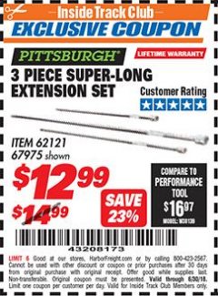 Harbor Freight ITC Coupon 3 PIECE SUPER-LONG EXTENSION SET Lot No. 62121/67975 Expired: 6/30/18 - $12.99