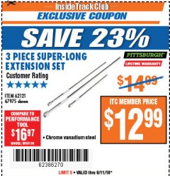 Harbor Freight ITC Coupon 3 PIECE SUPER-LONG EXTENSION SET Lot No. 62121/67975 Expired: 9/11/18 - $12.99