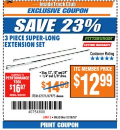 Harbor Freight ITC Coupon 3 PIECE SUPER-LONG EXTENSION SET Lot No. 62121/67975 Expired: 12/18/18 - $12.99