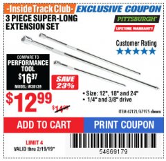 Harbor Freight ITC Coupon 3 PIECE SUPER-LONG EXTENSION SET Lot No. 62121/67975 Expired: 2/19/19 - $12.99