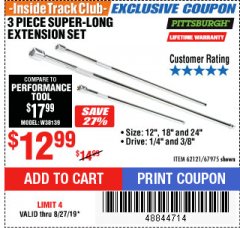 Harbor Freight ITC Coupon 3 PIECE SUPER-LONG EXTENSION SET Lot No. 62121/67975 Expired: 8/27/19 - $12.99