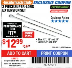 Harbor Freight ITC Coupon 3 PIECE SUPER-LONG EXTENSION SET Lot No. 62121/67975 Expired: 1/7/20 - $12.99