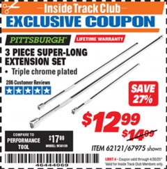 Harbor Freight ITC Coupon 3 PIECE SUPER-LONG EXTENSION SET Lot No. 62121/67975 Expired: 4/30/20 - $12.99