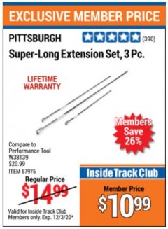 Harbor Freight ITC Coupon 3 PIECE SUPER-LONG EXTENSION SET Lot No. 62121/67975 Expired: 12/3/20 - $10.99