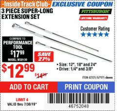 Harbor Freight ITC Coupon 3 PIECE SUPER-LONG EXTENSION SET Lot No. 62121/67975 Expired: 7/30/19 - $12.99