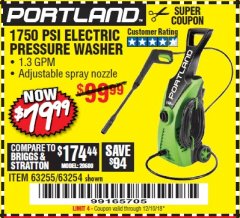 Harbor Freight Coupon 1750 PSI ELECTRIC PRESSURE WASHER Lot No. 63254/63255 Expired: 12/10/18 - $79.99
