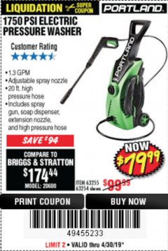 Harbor Freight Coupon 1750 PSI ELECTRIC PRESSURE WASHER Lot No. 63254/63255 Expired: 4/30/19 - $79.99