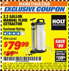 Harbor Freight ITC Coupon 2.3 GAL. MANUAL FLUID EXTRACTOR Lot No. 62643 Expired: 8/31/18 - $79.99