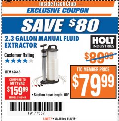 Harbor Freight ITC Coupon 2.3 GAL. MANUAL FLUID EXTRACTOR Lot No. 62643 Expired: 11/6/18 - $79.99