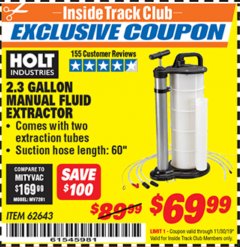 Harbor Freight ITC Coupon 2.3 GAL. MANUAL FLUID EXTRACTOR Lot No. 62643 Expired: 11/30/19 - $69.99