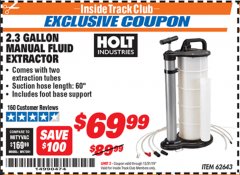 Harbor Freight ITC Coupon 2.3 GAL. MANUAL FLUID EXTRACTOR Lot No. 62643 Expired: 12/31/19 - $69.99
