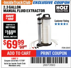 Harbor Freight ITC Coupon 2.3 GAL. MANUAL FLUID EXTRACTOR Lot No. 62643 Expired: 1/7/20 - $69.99