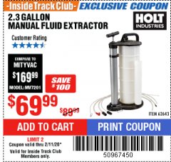 Harbor Freight ITC Coupon 2.3 GAL. MANUAL FLUID EXTRACTOR Lot No. 62643 Expired: 2/11/20 - $69.99