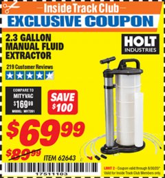 Harbor Freight ITC Coupon 2.3 GAL. MANUAL FLUID EXTRACTOR Lot No. 62643 Expired: 6/30/20 - $69.99
