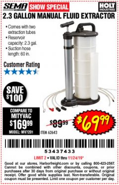 Harbor Freight Coupon 2.3 GAL. MANUAL FLUID EXTRACTOR Lot No. 62643 Expired: 11/24/19 - $69.99