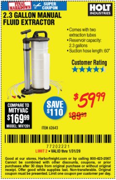 Harbor Freight Coupon 2.3 GAL. MANUAL FLUID EXTRACTOR Lot No. 62643 Expired: 1/31/20 - $59.99