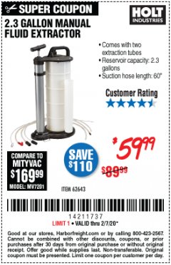 Harbor Freight Coupon 2.3 GAL. MANUAL FLUID EXTRACTOR Lot No. 62643 Expired: 2/7/20 - $59.99
