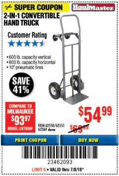 Harbor Freight Coupon 2-IN-1 CONVERTIBLE HAND TRUCK Lot No. 62550/62551/62369 Expired: 7/8/18 - $54.99