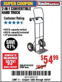 Harbor Freight Coupon 2-IN-1 CONVERTIBLE HAND TRUCK Lot No. 62550/62551/62369 Expired: 9/3/18 - $54.99