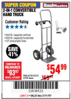 Harbor Freight Coupon 2-IN-1 CONVERTIBLE HAND TRUCK Lot No. 62550/62551/62369 Expired: 2/11/19 - $54.99
