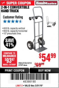 Harbor Freight Coupon 2-IN-1 CONVERTIBLE HAND TRUCK Lot No. 62550/62551/62369 Expired: 3/31/19 - $54.99