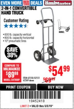 Harbor Freight Coupon 2-IN-1 CONVERTIBLE HAND TRUCK Lot No. 62550/62551/62369 Expired: 5/5/19 - $54.99