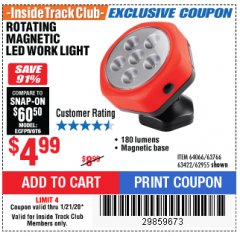 Harbor Freight ITC Coupon ROTATING MAGNETIC LED WORK LIGHT Lot No. 63422/62955/64066/63766 Expired: 1/21/20 - $4.99