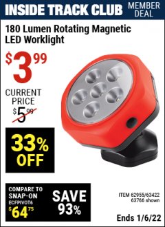 Harbor Freight ITC Coupon ROTATING MAGNETIC LED WORK LIGHT Lot No. 63422/62955/64066/63766 Expired: 1/6/22 - $3.99